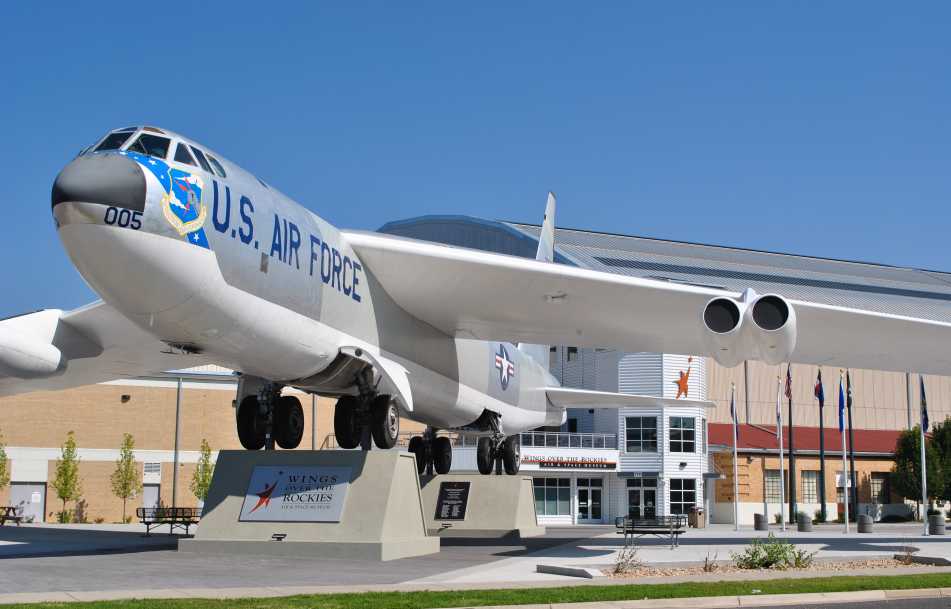 A B-52 bomber outside the Wings Over the Rockies Air & Space Museum
