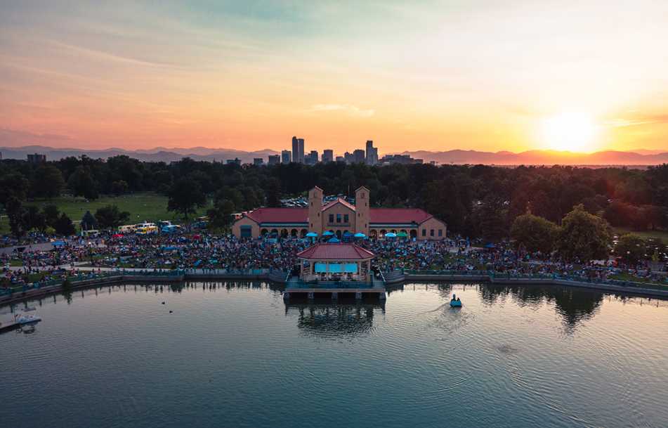Evening aerial image of Denver's City Park