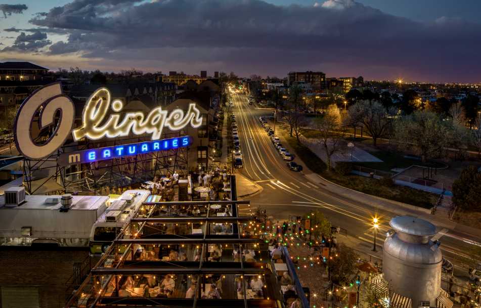 An aerial view of Linger's outdoor area in the early evening in Denver, Colorado.
