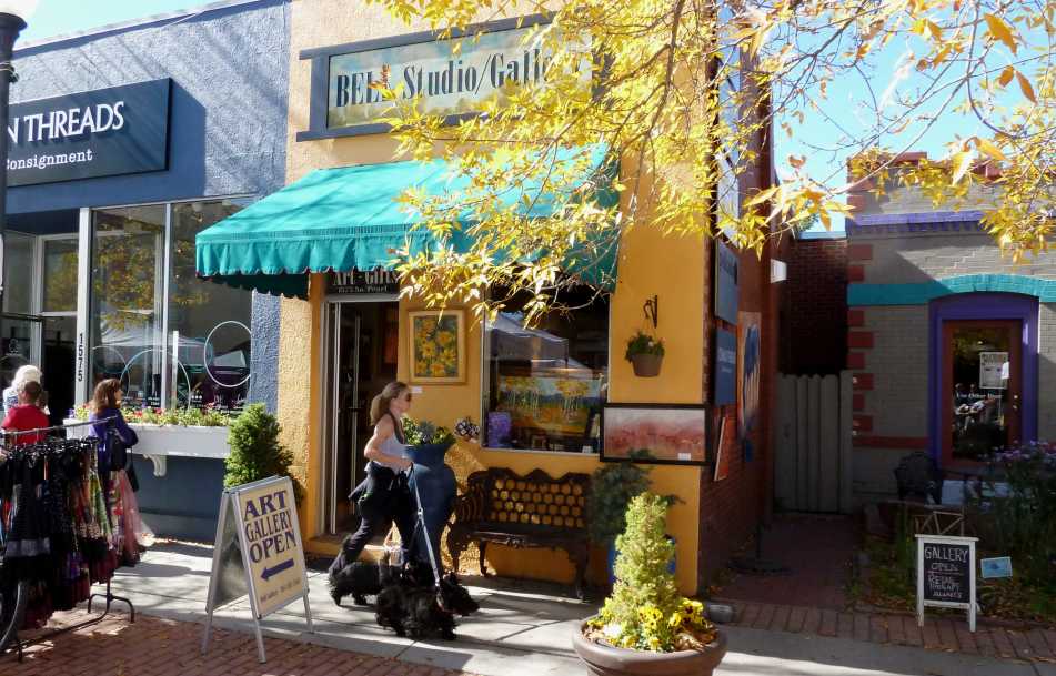 Art galleries and shops on South Pearl Street in Denver.