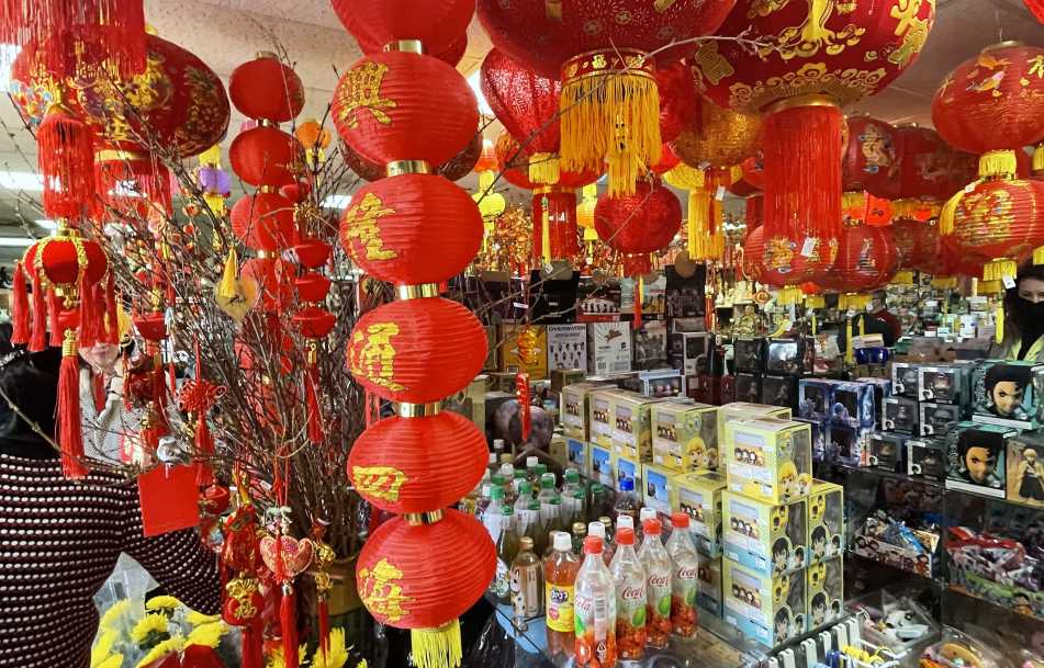 Hanging paper lanterns and other gifts on display at Truong An Gifts in Denver, Colorado.