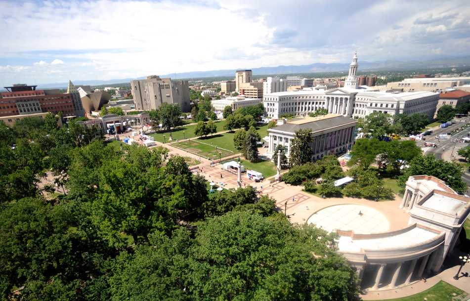 Aerial view of a festival with vendors in Civic Center Park