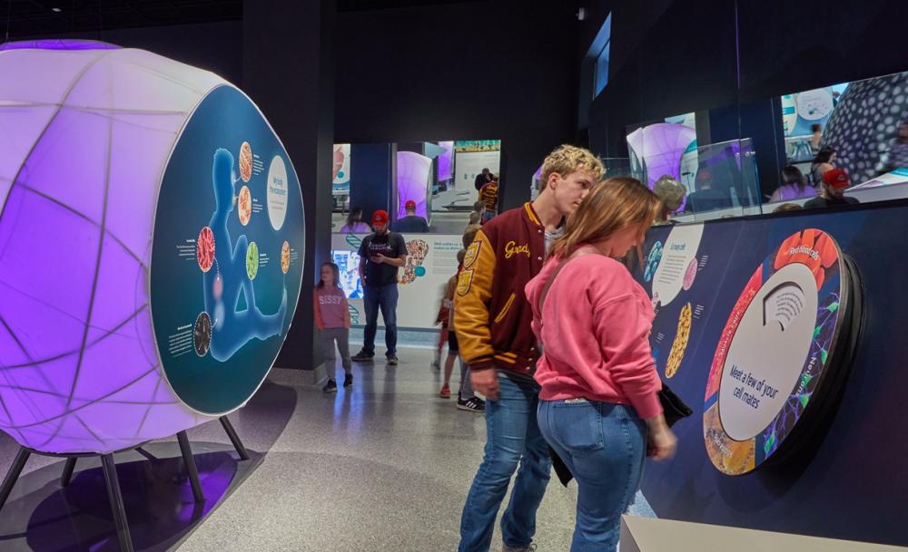 Young man and woman read a sign inside a history museum