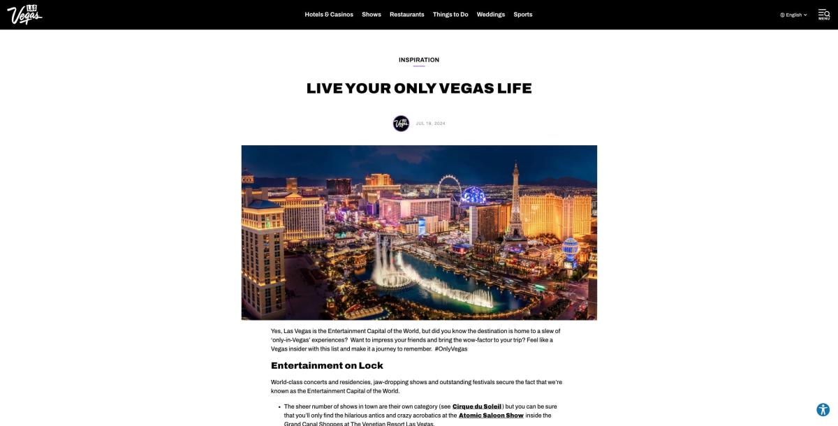 A screen shot of the "Live Your Only Vegas Life," landing page on Visit Las Vegas' website.