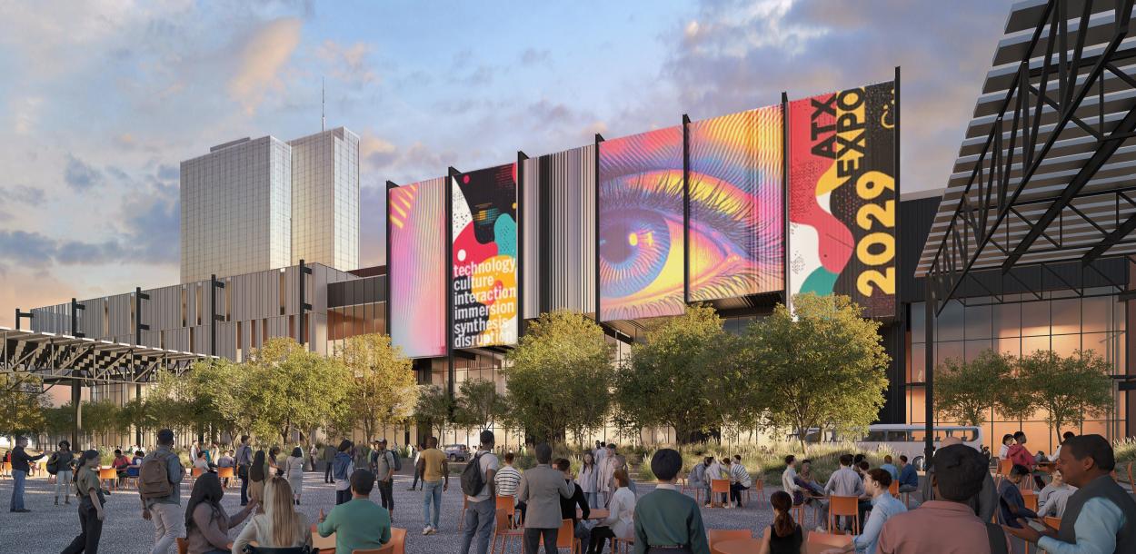 Austin Convention Center rendering shows the outdoor event space with attendees in the foreground looking towards a large screen showcasing ATX Expo 2029 signage on the north side of the building. The Fairmont hotel is in the background and the space includes trees and greenery in front of the building.