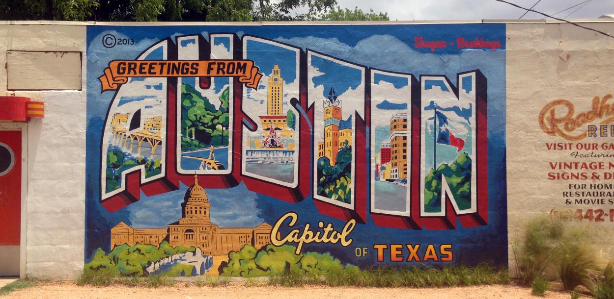 'Greetings from Austin, Capitol of Texas' Mural at Roadhouse Relics