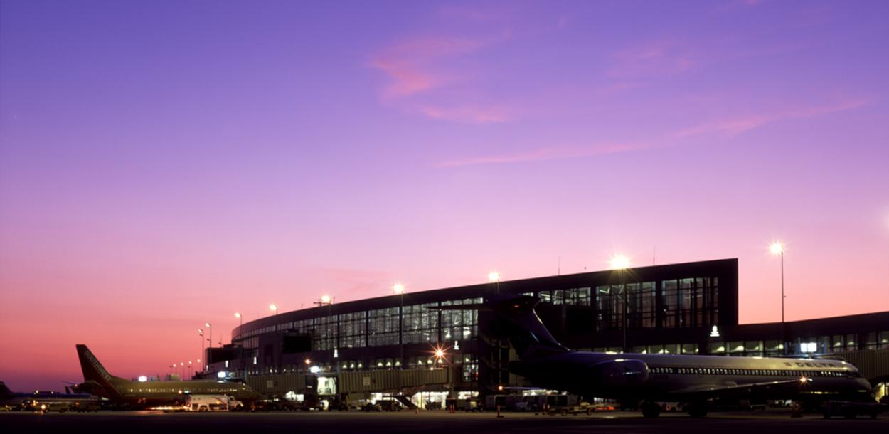 Austin Bergstrom International Airport terminal at sunset in austin texas