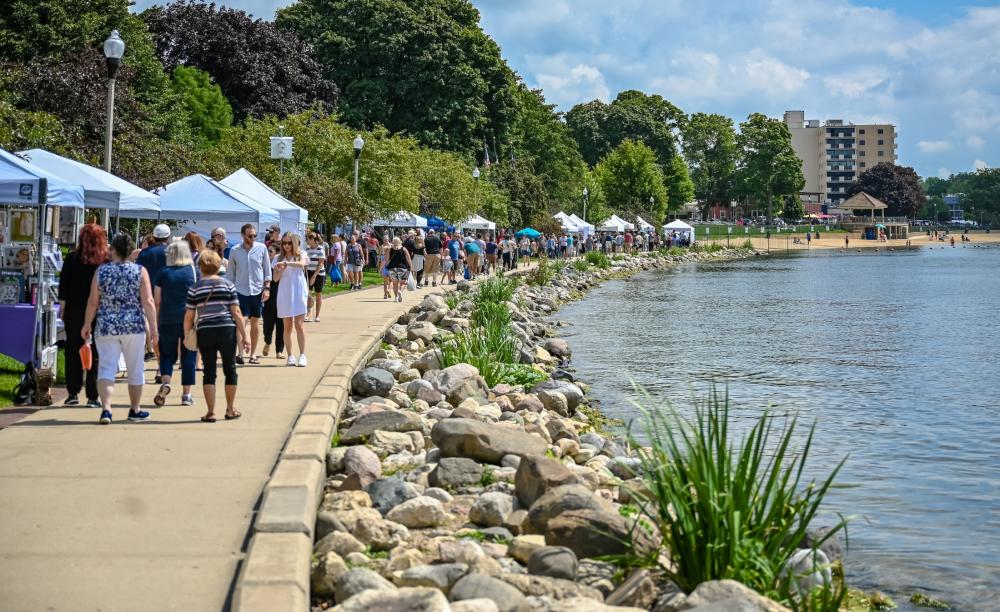 Lakeshore in Library Park lined with vendor tents