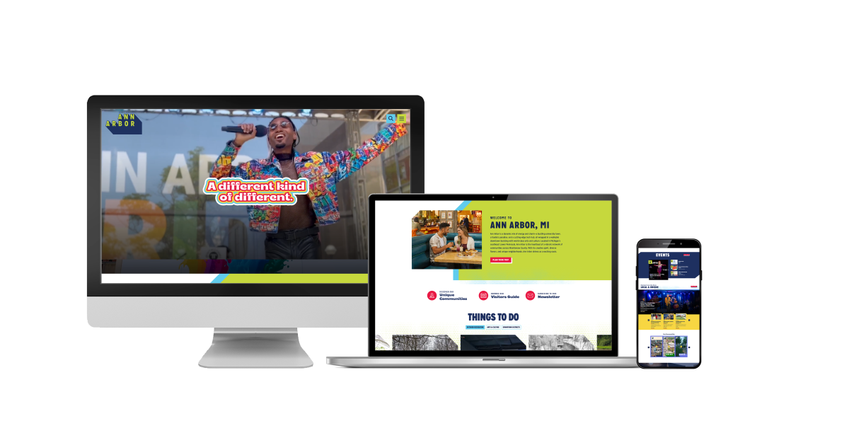 The Destination Ann Arbor website mocked up on desktop, laptop and mobile.