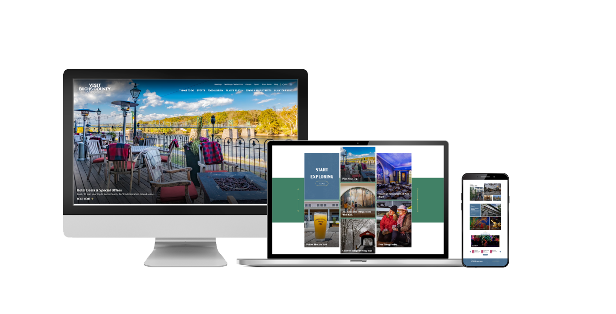 The Bucks County Conference and Visitors Bureau website displayed on desktop, laptop and mobile devices.