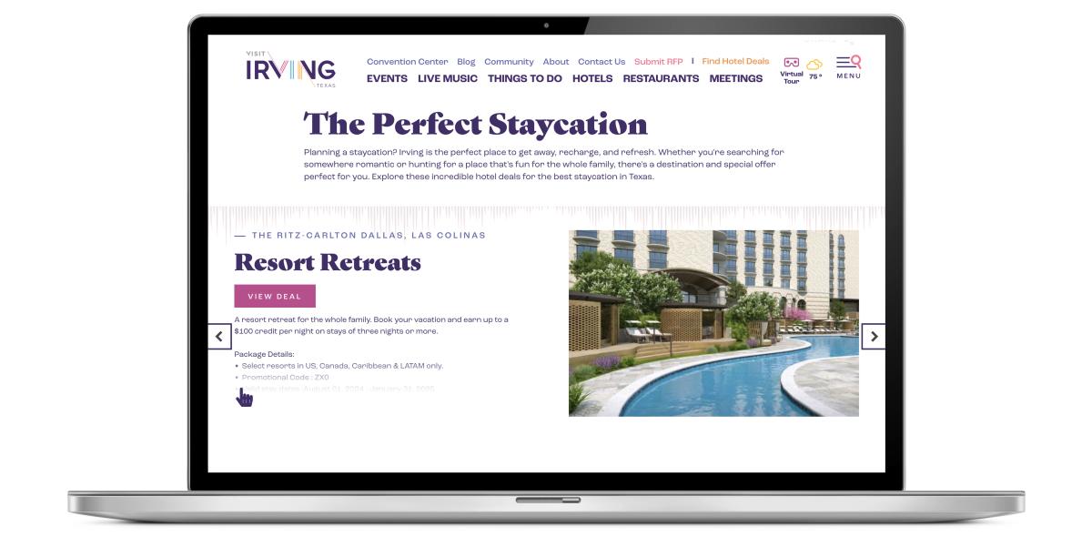 The Perfection Staycation page on Visit Irving's website mocked up on a laptop.