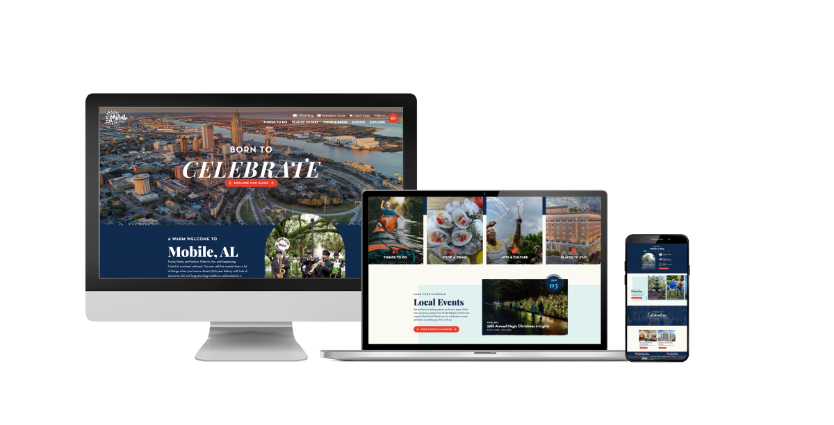 The Visit Mobile website displayed on desktop, laptop and mobile devices.