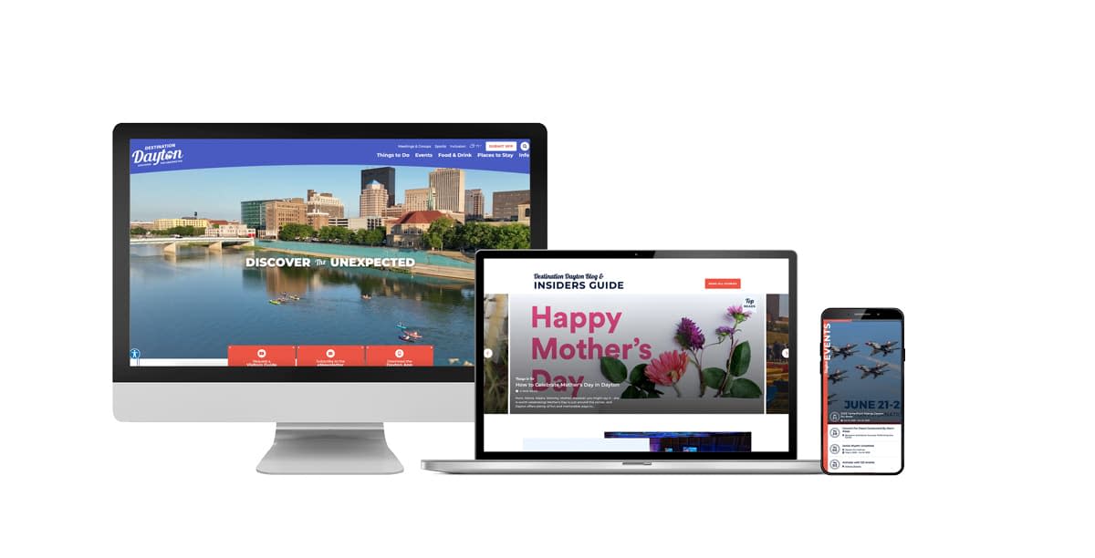 The Destination Dayton website mocked up on desktop, laptop and mobile devices.
