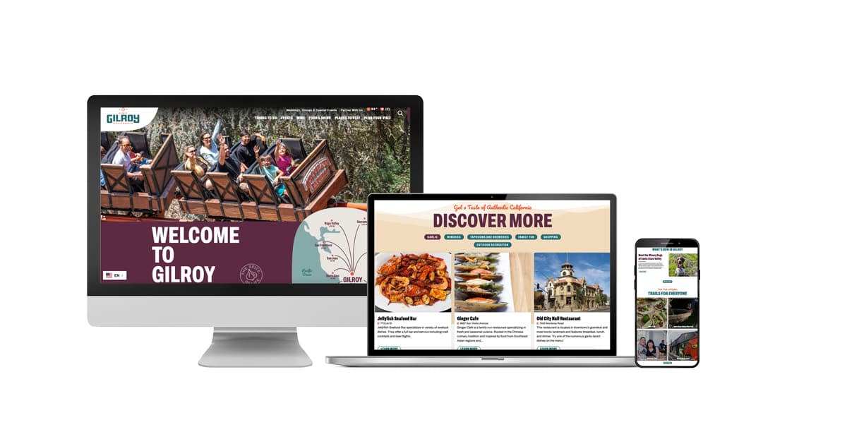 The Visit Gilroy website mocked up on desktop, laptop and mobile devices.