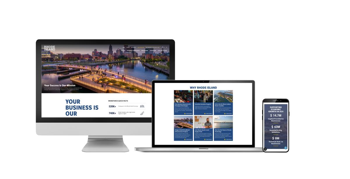The Rhode Island Commerce homepage displayed on a desktop montior, laptop and mobile device.