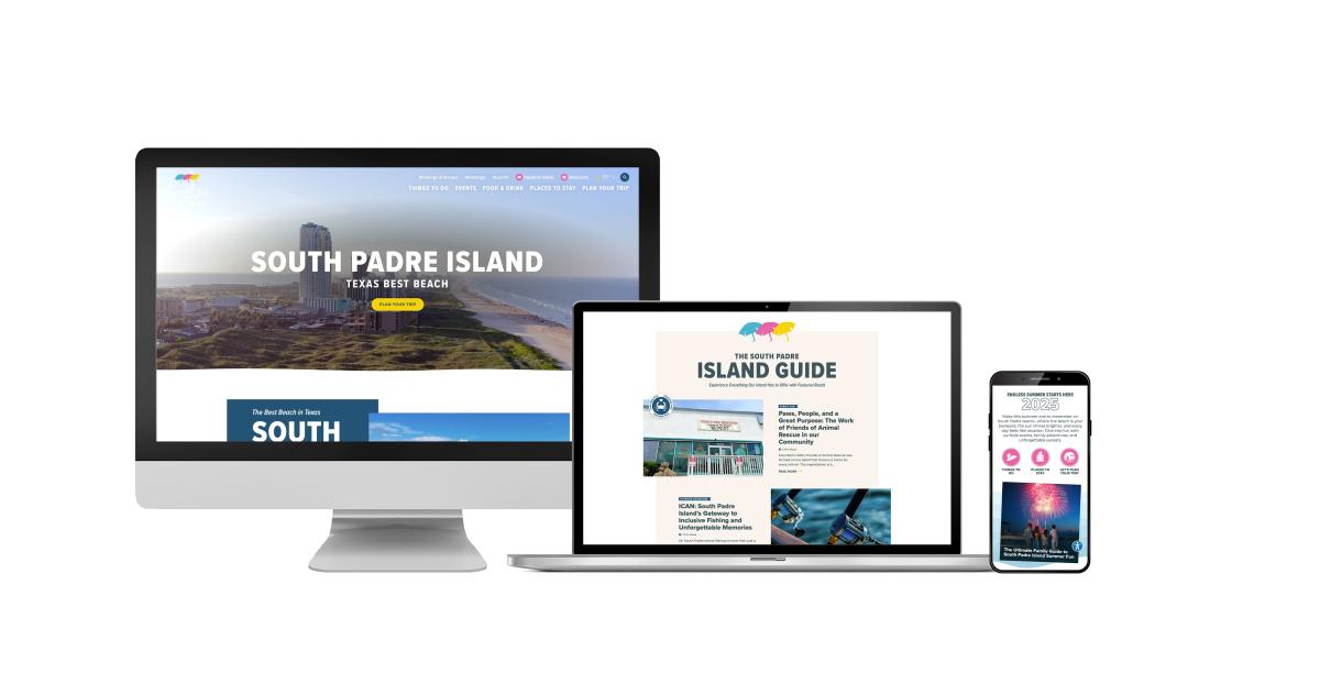 The Visit South Padre Island website displayed on a desktop monitor, laptop and mobile device.
