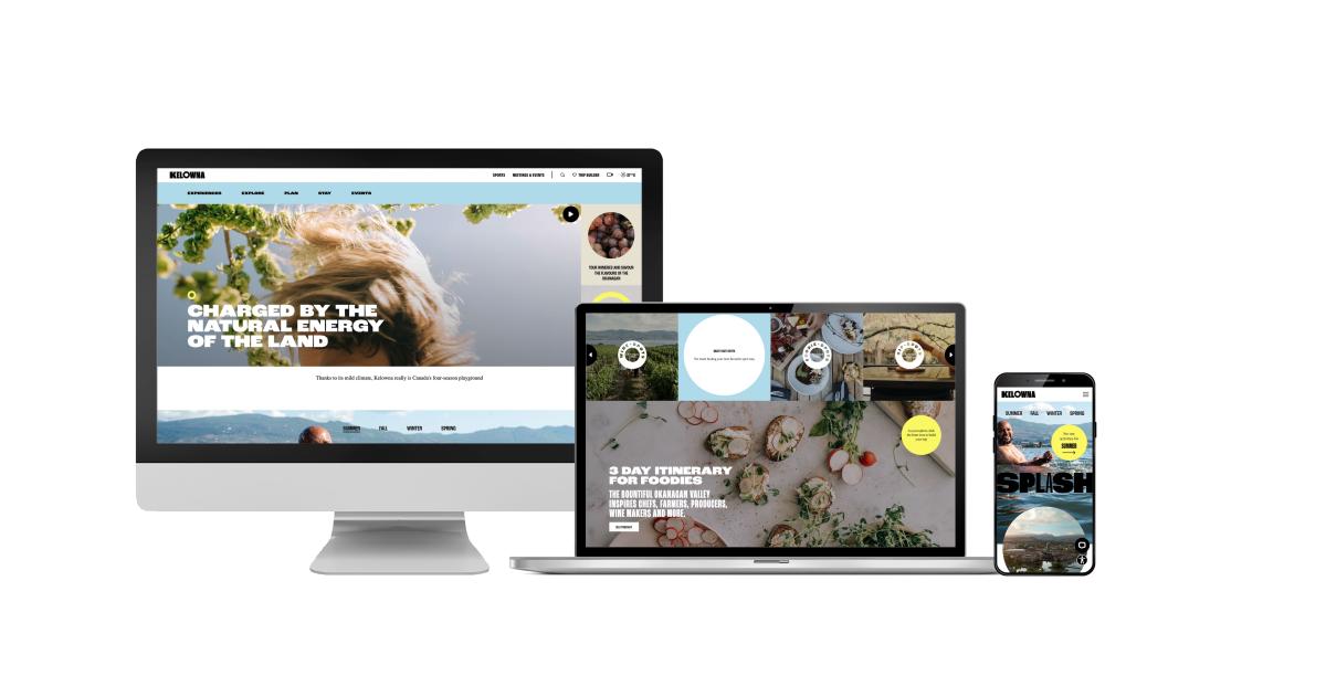 The homepage of Tourism Kelowna on display on a desktop monitor, laptop screen and mobile device.
