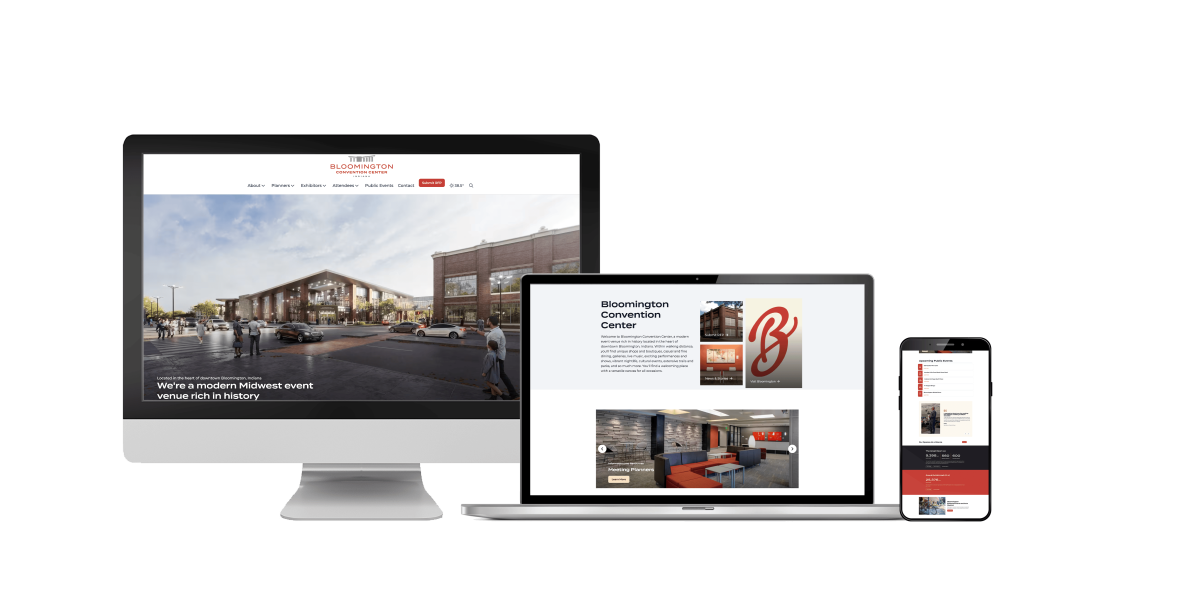 The Bloomington Convention Center website mocked up on a desktop screen, laptop and mobile device.