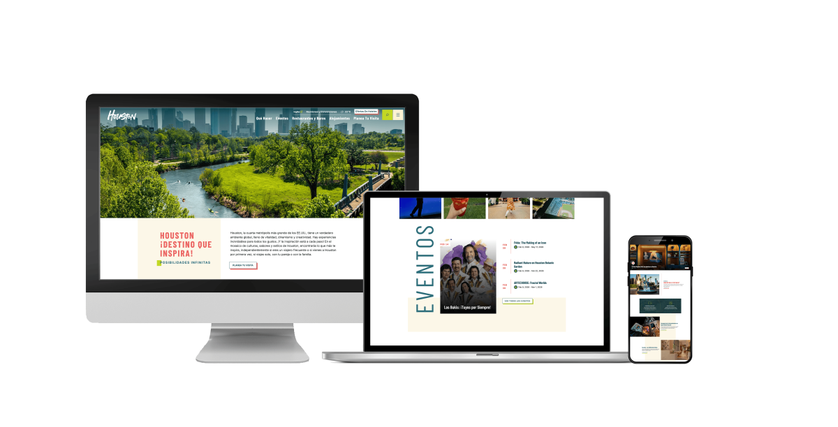 The Hola Houston website mocked up on desktop, laptop and mobile.