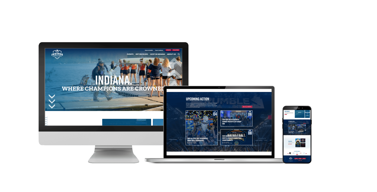 The Indiana Sports Corp website mocked up on a desktop screen, laptop and mobile device.