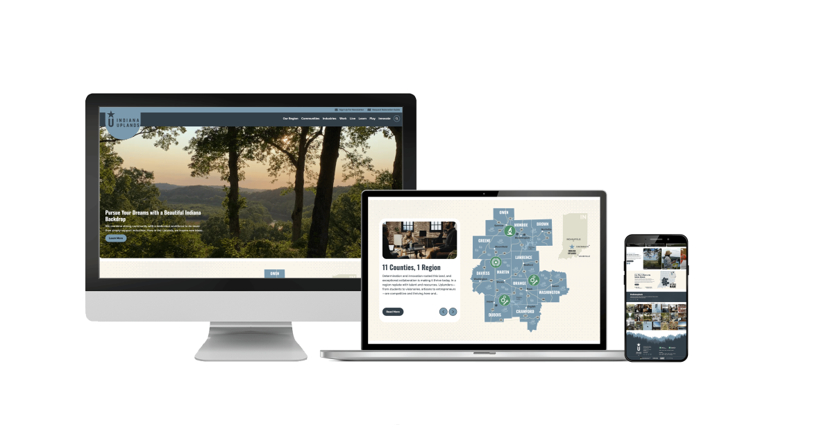 The Indiana Uplands website mocked up on a desktop screen, laptop and mobile device.