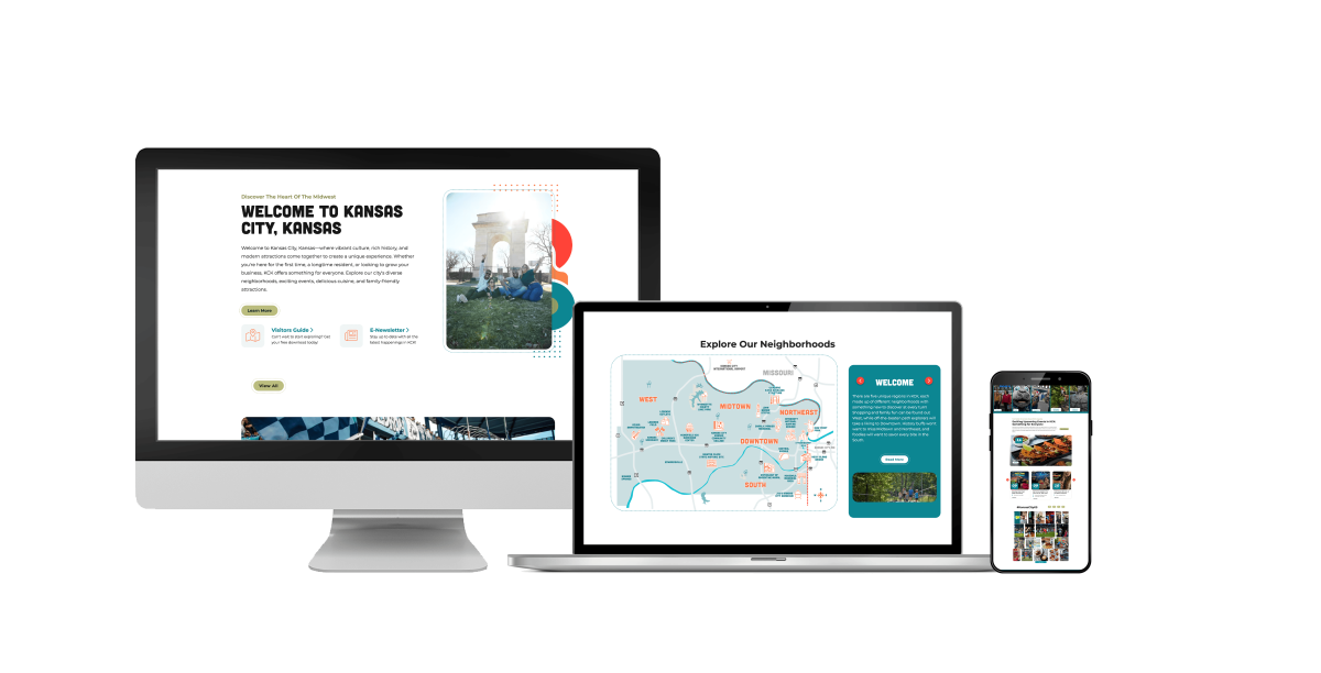 The Visit Kansas City, KS website mocked up on a desktop screen, laptop and mobile device.