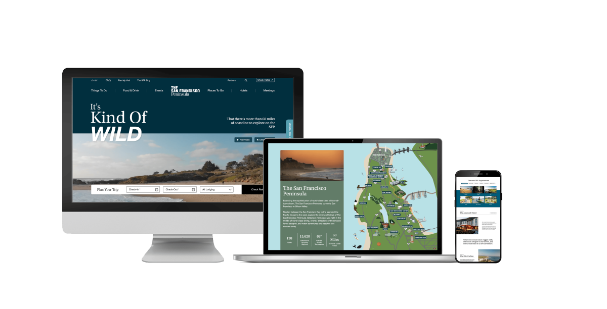 The new San Francisco Peninsula website mocked up on a desktop monitor, laptop and mobile device.