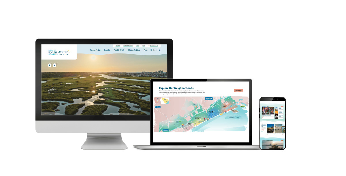 The North Myrtle Beach website mocked up on a desktop monitor, laptop and mobile device.