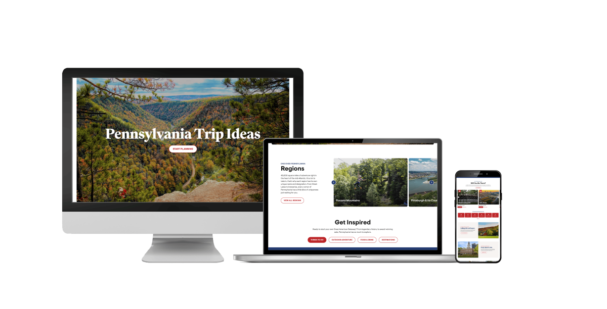 The Visit Pennsylvania website mocked up on a desktop monitor, laptop and mobile device.