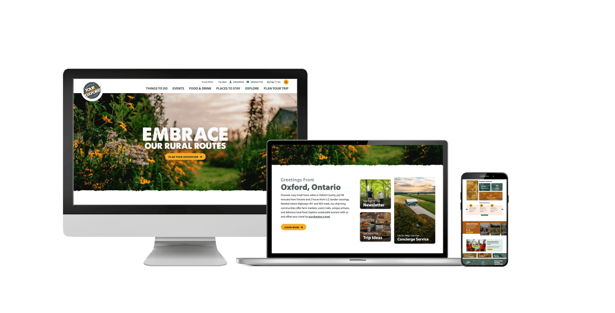 The Tour Oxford website mocked up on a desktop monitor, laptop and mobile device.
