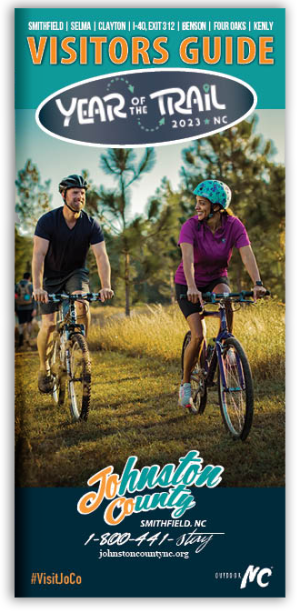 The cover of the 2023 Visitors Guide highlighting recreation in Johnston County, NC.