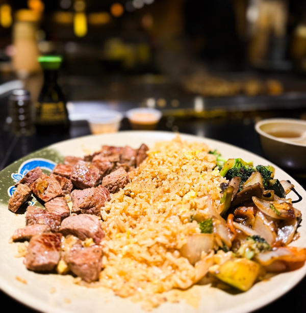 A plate filled with steak, rice, and veggies at Fuji's, Fort Smith, Arkansas