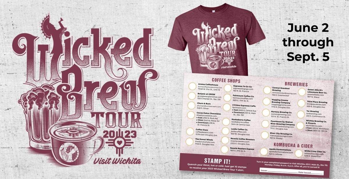 The Wicked Brew Tour logo with image of the T-shirt and the passport for 2023
