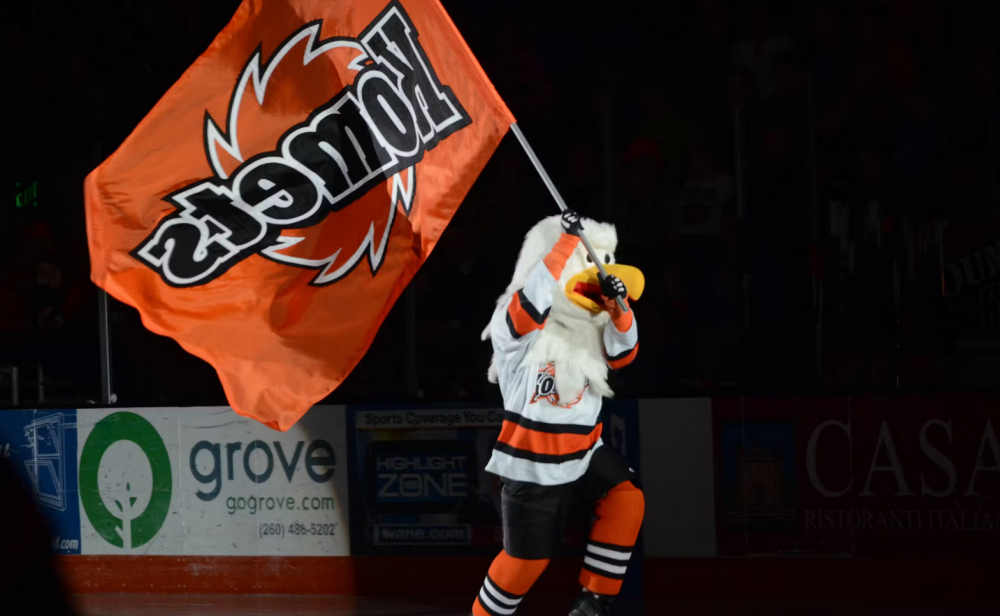 Icy the Eagle running with the Komets Flag