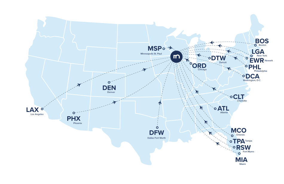 A graphic that shows a map of the United States with dotted lines that show which airports Madison flies directly to and from.