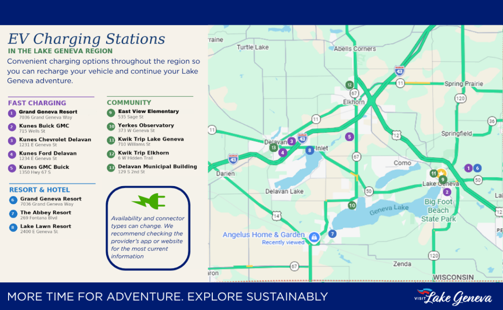 Graphic image with a map of the EV charging stations in the Lake Geneva Region.