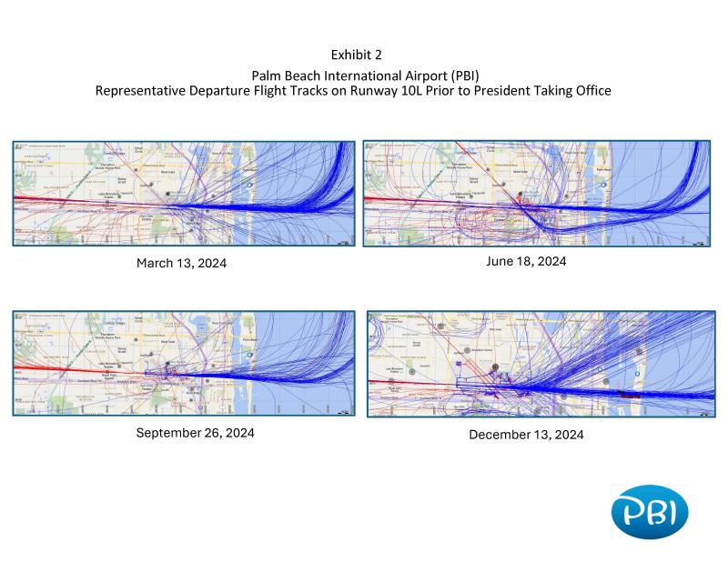 Maps of Palm Beach International Airport (PBI) showing departure flight tracks from Runway 10L prior to the President taking office.