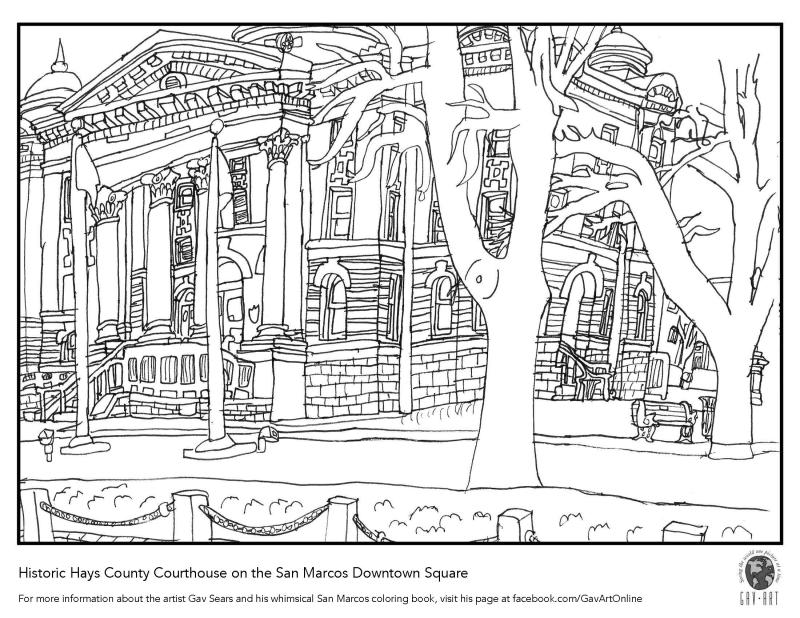 Hays County Courthouse coloring page from local artist, Gav Sears.