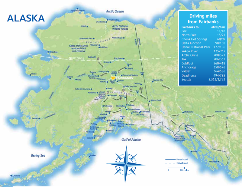 A map of Alaska with a yellow heart marking Fairbanks at the center of Alaska.