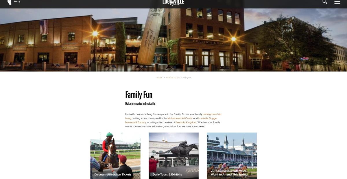 A screenshot of the "Family Fun" landing page on Louisville's website.