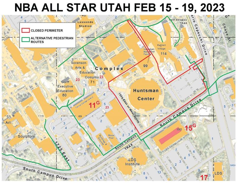 Map of University of Utah around Huntsman Center with a red line showing security perimeter and green lines showing walking path detours