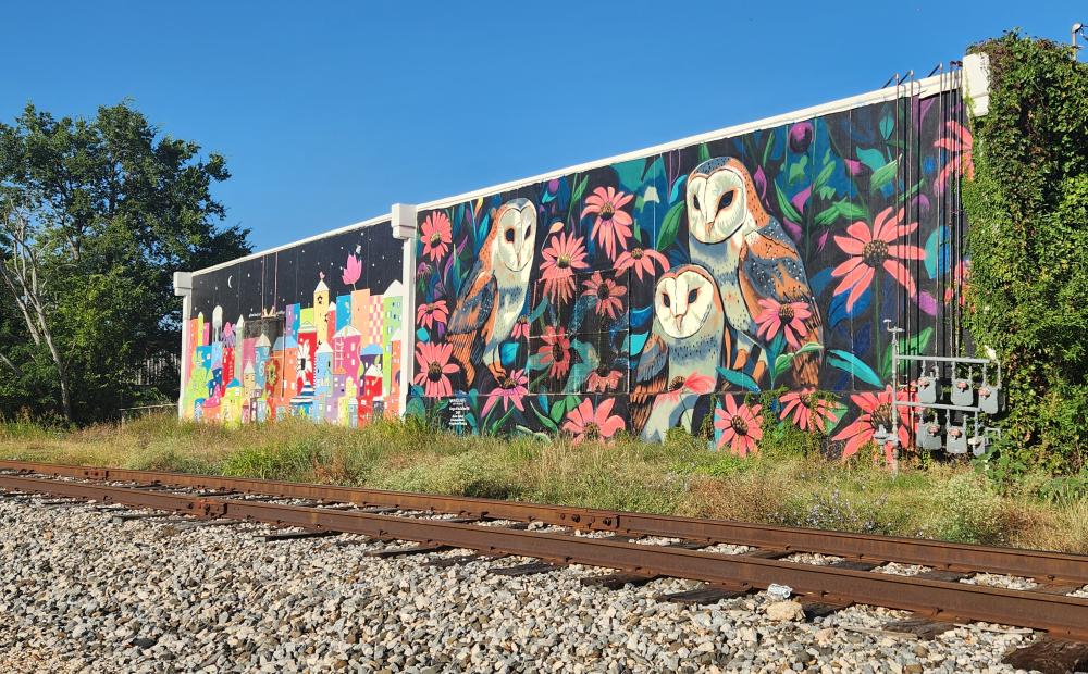 Two murals side by side of a whimsical city and of owls with pink flowers