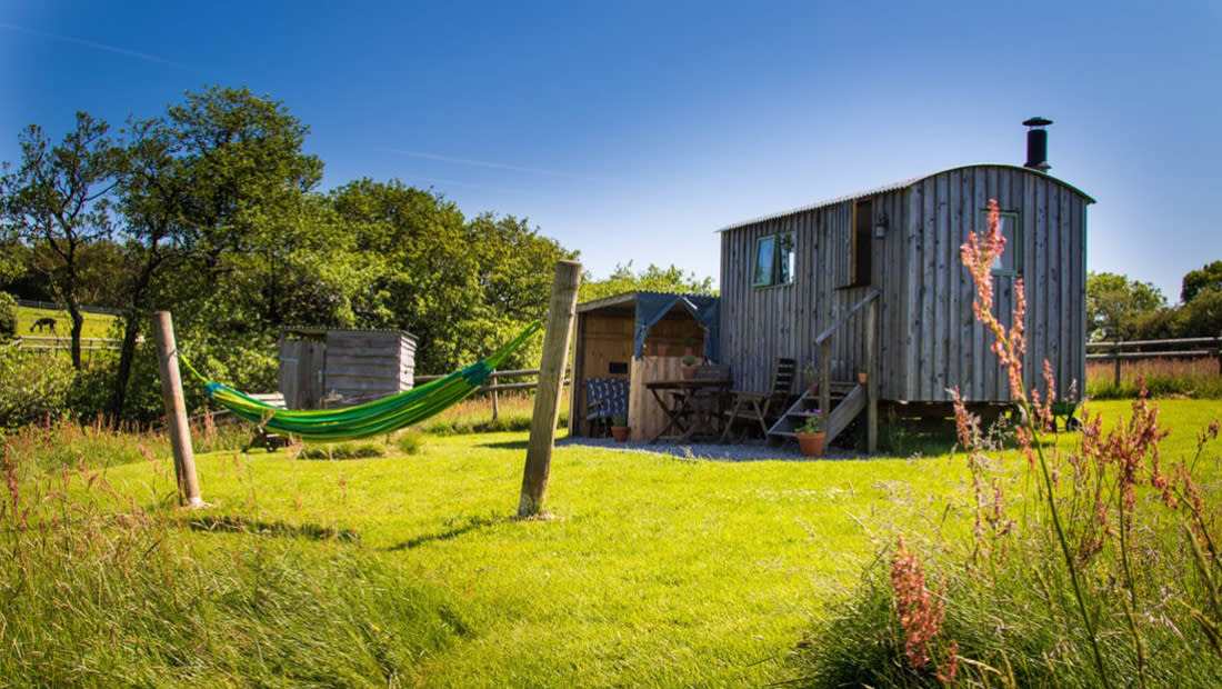 A rustic wooden hut with a chimney sits in a lush green meadow under a clear blue sky. A green hammock is strung between two posts nearby.