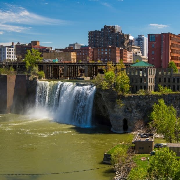 High Falls waterfall with view of Rochester buildings in the background