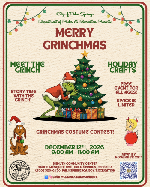 Poster for Merry Grinchmas in Palm Springs, 2026 holiday event.