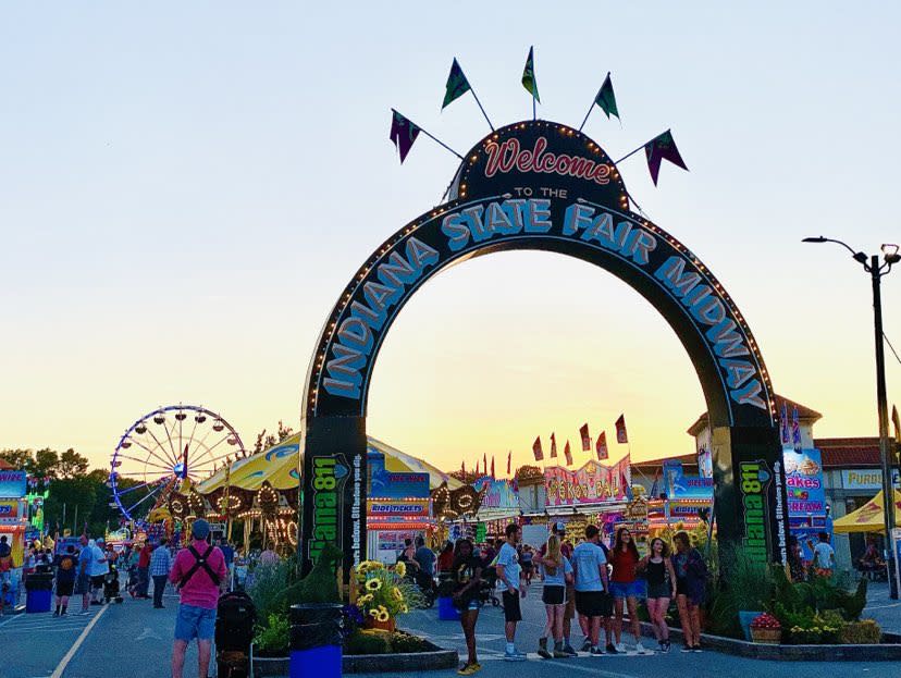 Indiana State Fair midway at sunset