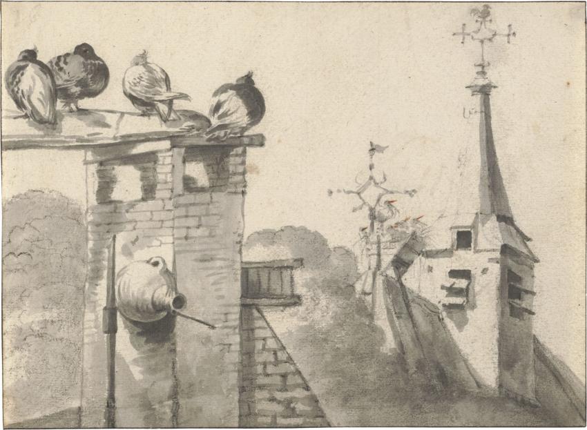 Pigeions on a Chimney and a Nest of Stores by a Steeple, Cornelis Saftleven