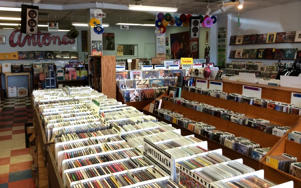 Rows of CDs and vinyl at Antones Record Store in Austin Texas