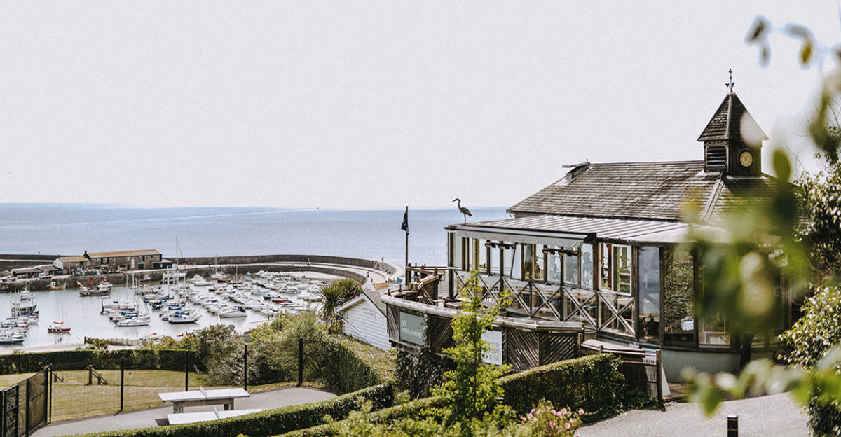 View of the Oyster and Fish House restaurant and Lyme Regis harbour