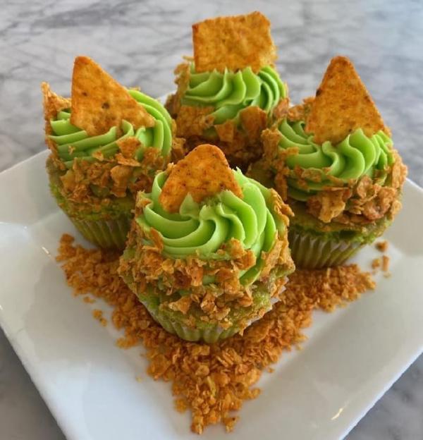 Green cupcake with Dorito crumbles